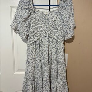 Smocked Puff-Sleeve Midi Dress in Blue Floral